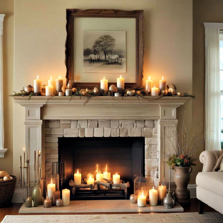 rustic stone fireplace with paned windows