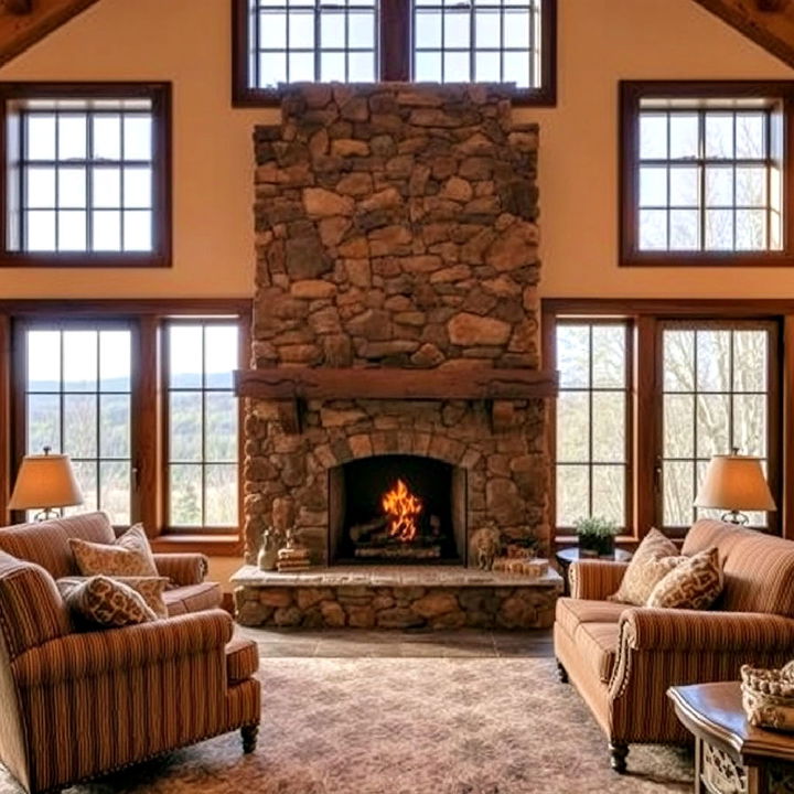 rustic stone fireplace with paned windows