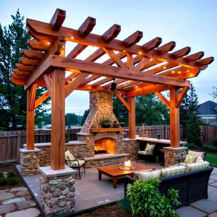 rustic timber pergola with fireplace