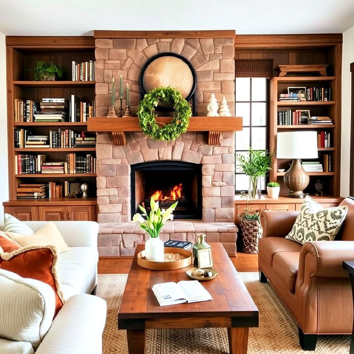 rustic vibes fireplace with bookshelves