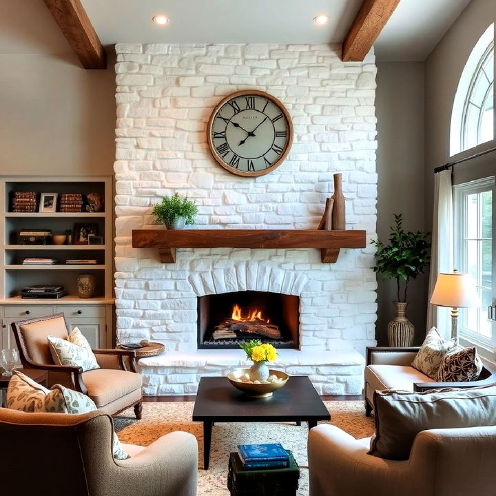 rustic whitewashed stone fireplace