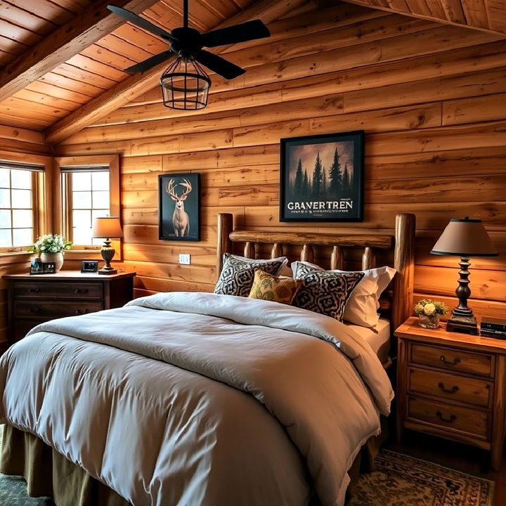 rustic wood paneling hunting bedroom