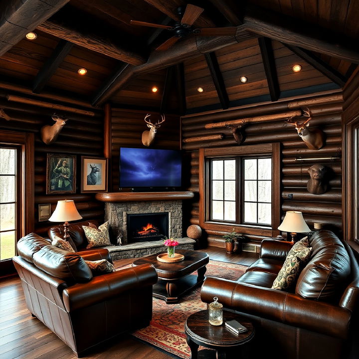 rustic wood paneling hunting room