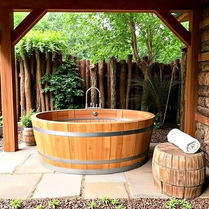 rustic wooden barrel bathtub