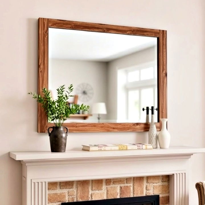 rustic wooden framed mirror over fireplace