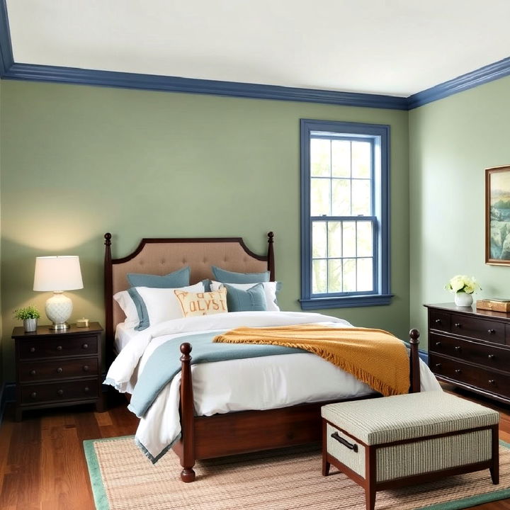 sage green walls with blue trim bedroom