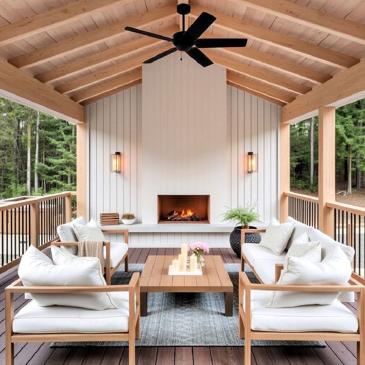 scandinavian simplicity deck with modern fireplace