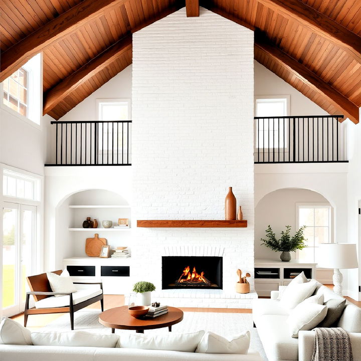 scandinavian style two story fireplace