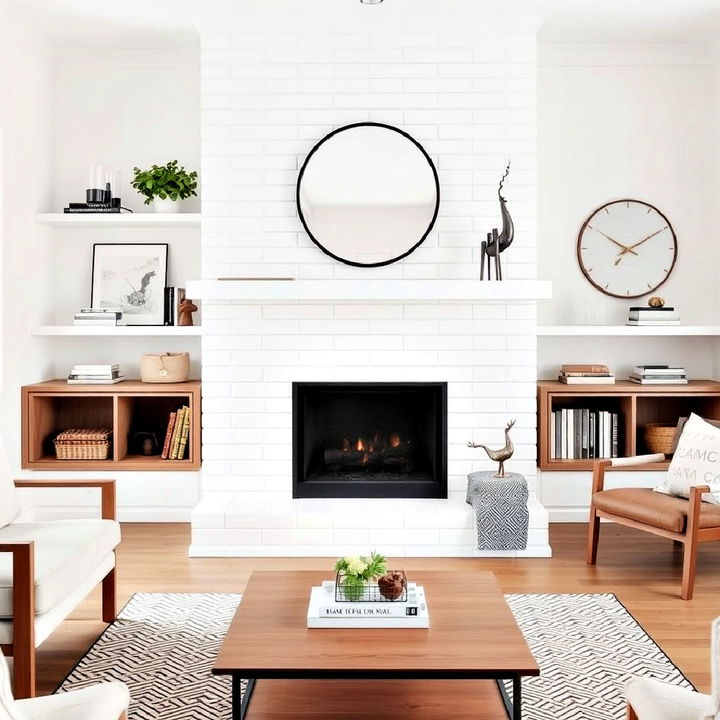 scandinavian white tile fireplace