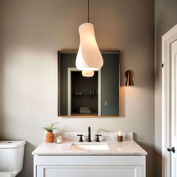 sculptural pendant lights above the bathroom vanity