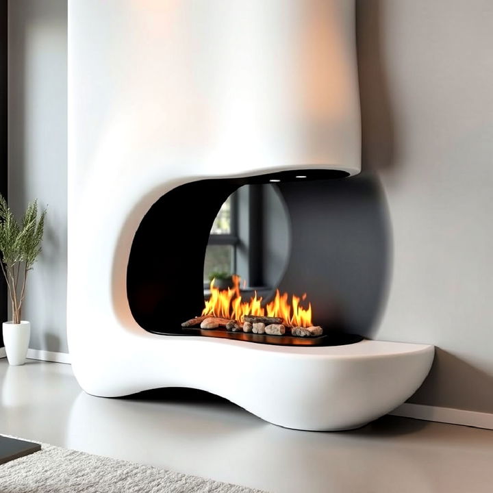 sculptural white fireplace with curved design