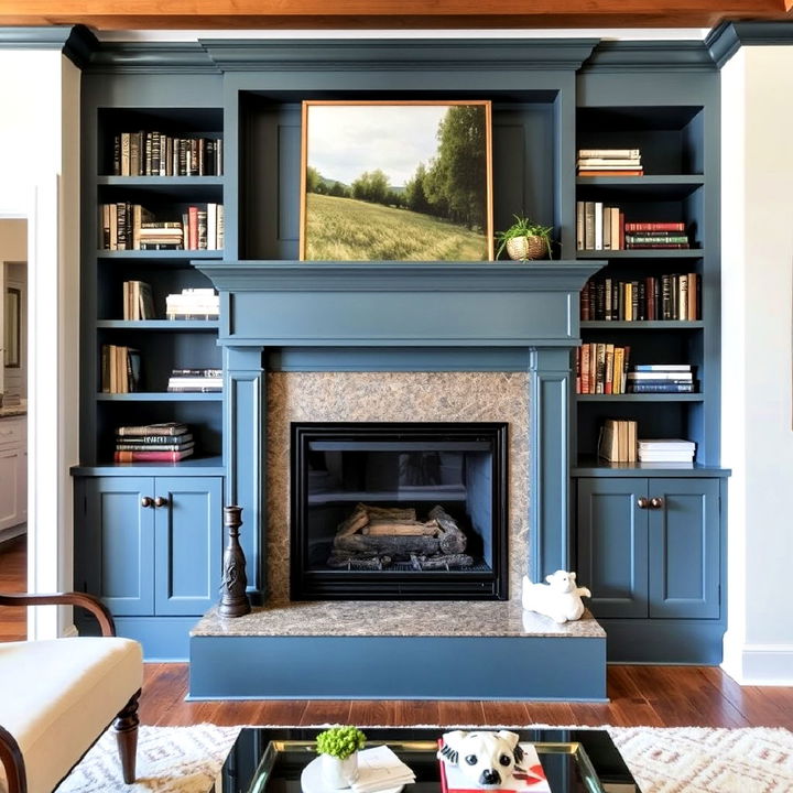 seamless integration of fireplace and bookshelves