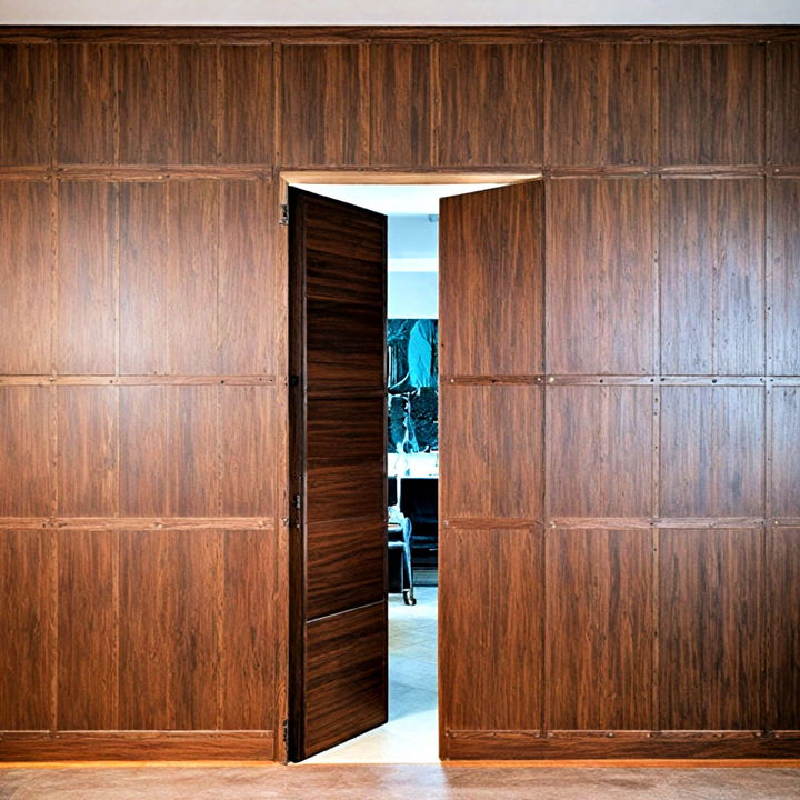 secret door in a rustic wood panel wall