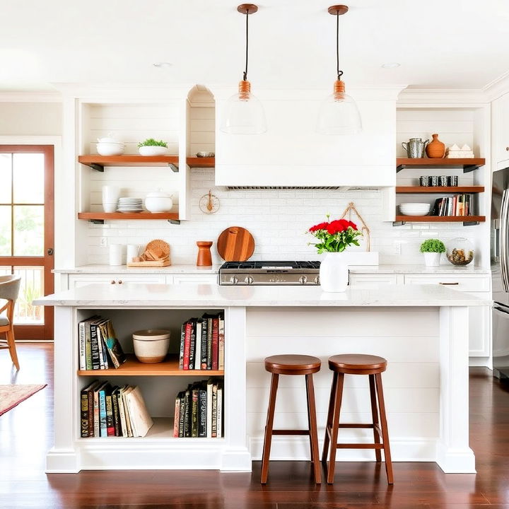 shiplap island with built in shelving