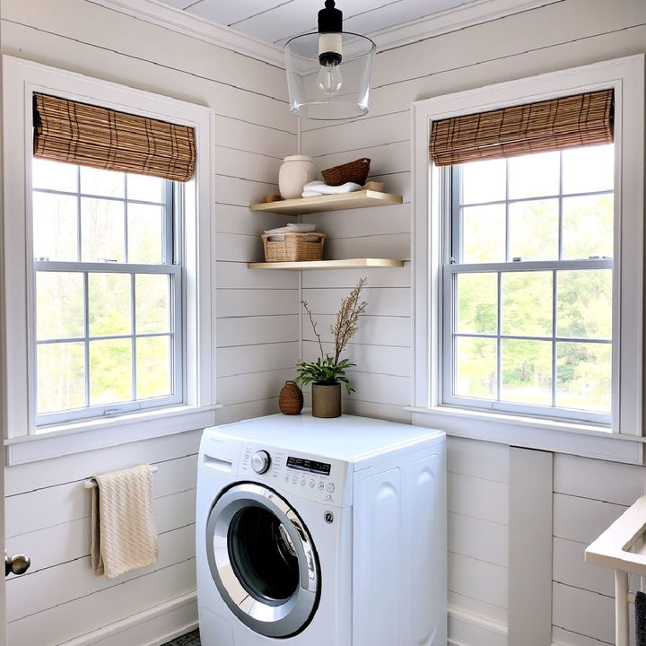 shiplap laundry room window treatment