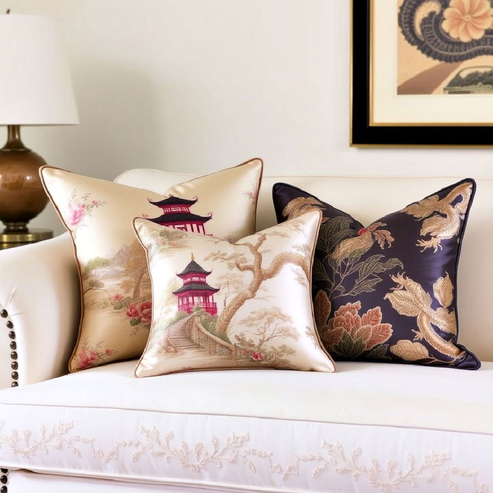 silk cushions with chinoiserie motifs