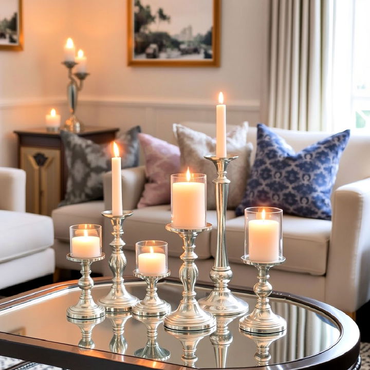 silver candle holders and lanterns for living room