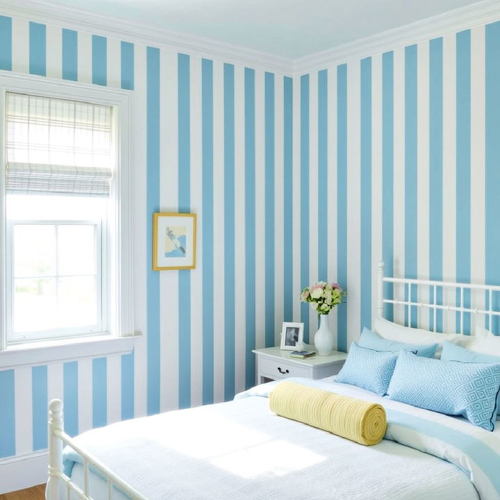 sky blue and white striped wallpaper for bedroom