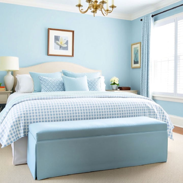 sky blue cushioned bench for bedroom