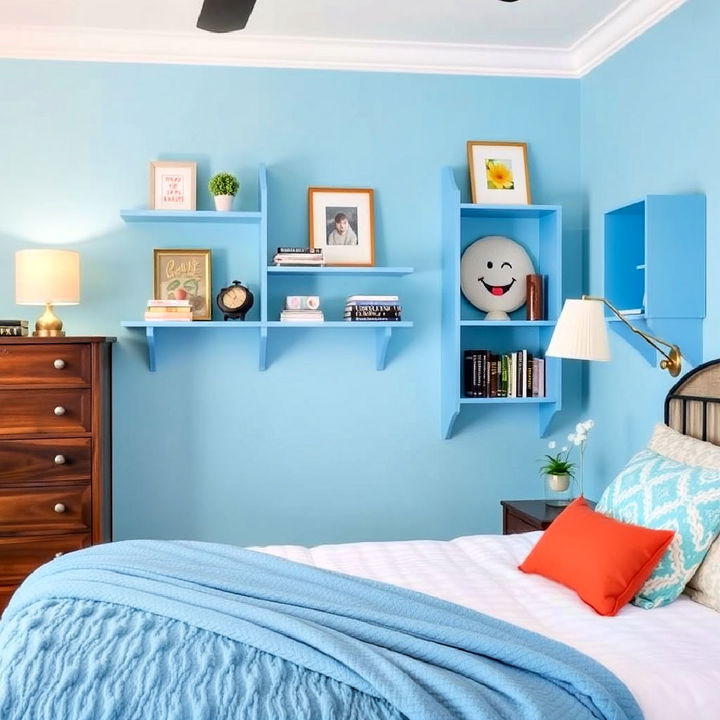 sky blue shelving to brighten up bedroom walls