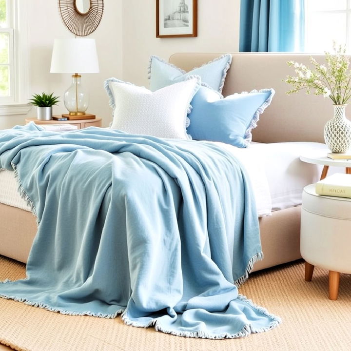 sky blue throw blankets and pillows