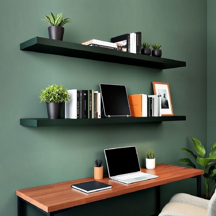 sleek and minimalist dark green floating shelves