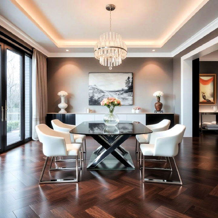 sleek and modern dining room with glass accents