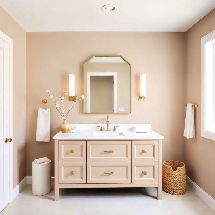 sleek beige vanity with white countertop