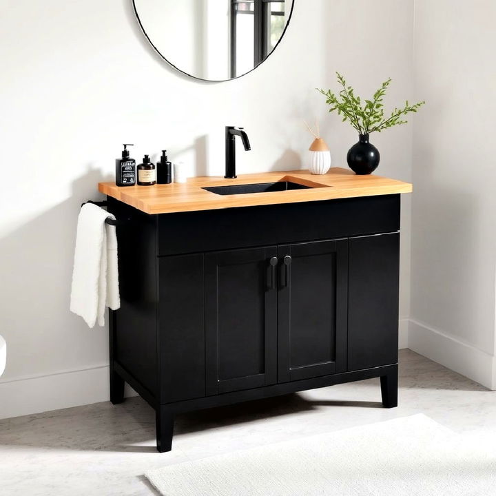 sleek black vanity with wooden countertop