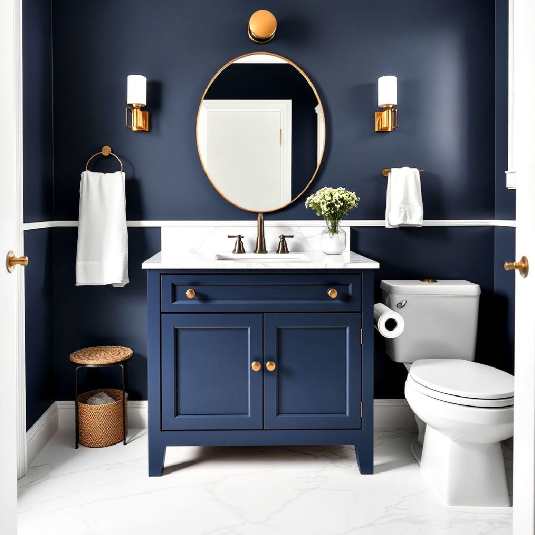 sleek navy vanity with classic marble top