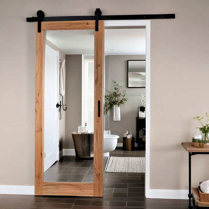 sleek sliding mirror barn door for bathrooms