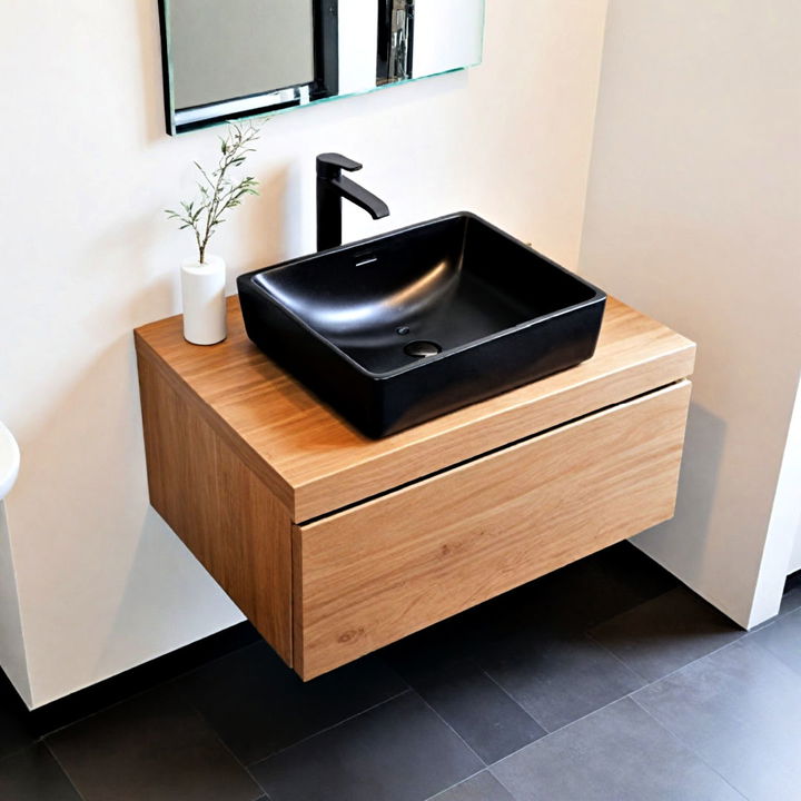 sleek wooden floating vanity with black sink