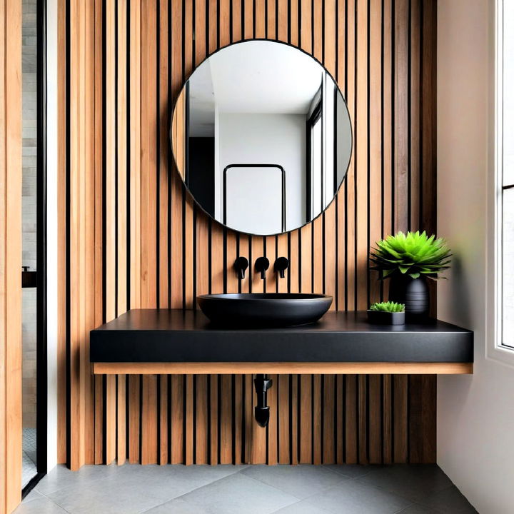 sleek wooden slat wall with black sink