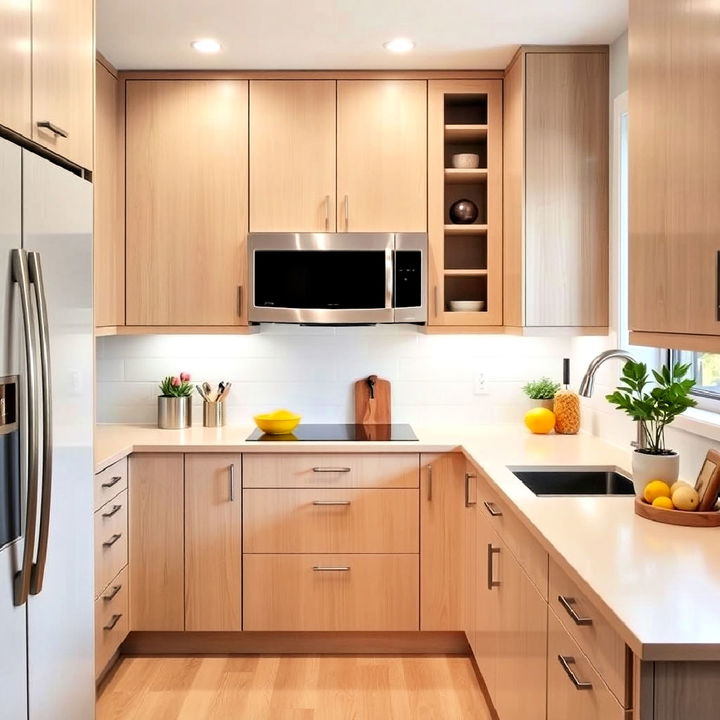 small kitchen with white oak cabinets