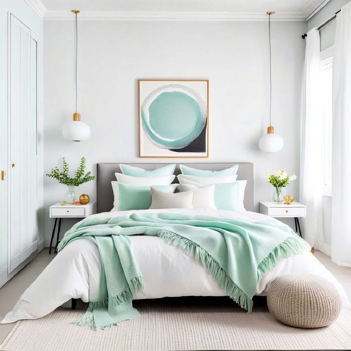 small white bedroom with subtle pops of color