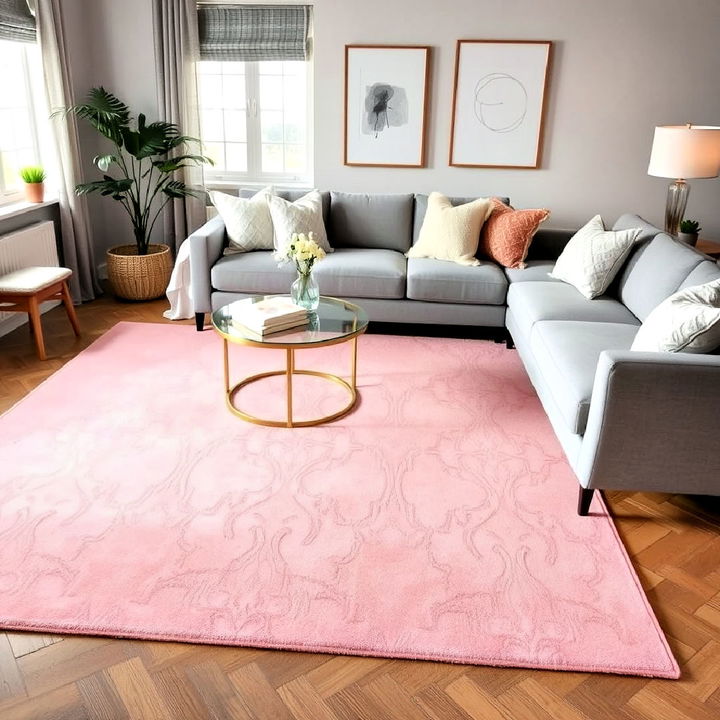 soft blush pink rug with a grey couch