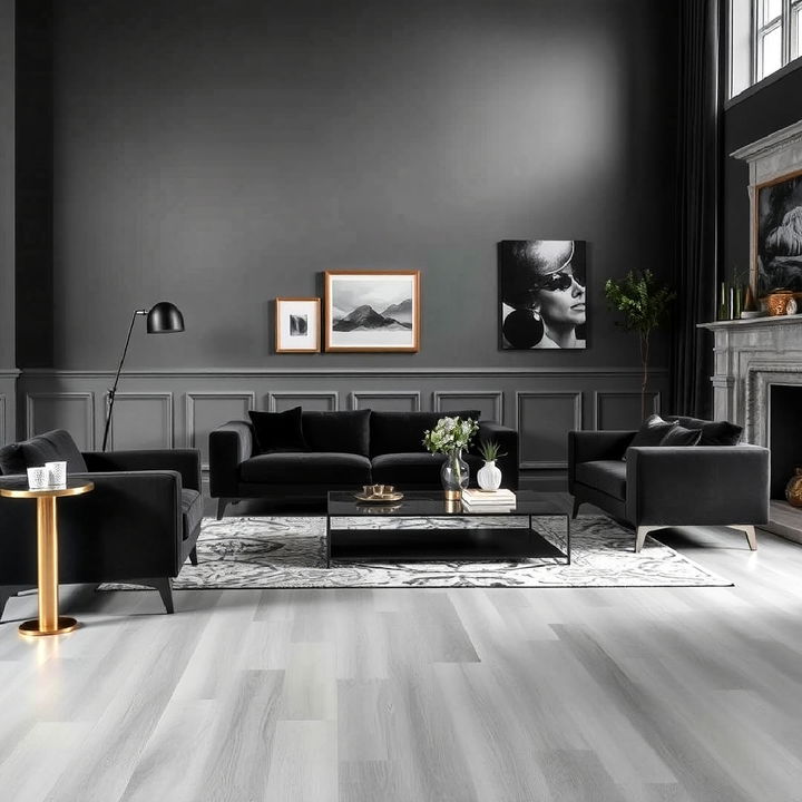 soft grey floor with dark colored furniture