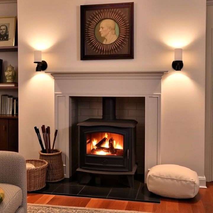 soft lighting wood stove surround