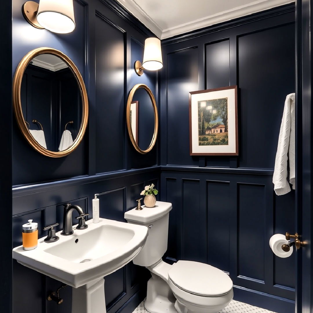 sophisticated navy blue wall paneling in powder room