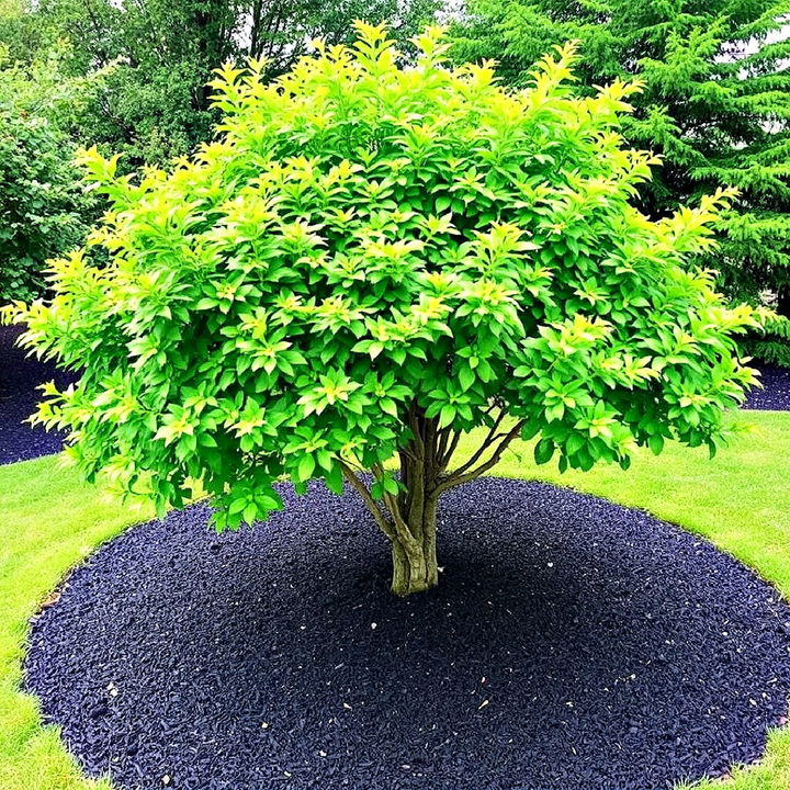 speared black mulch around the trees or shrubs as focal points