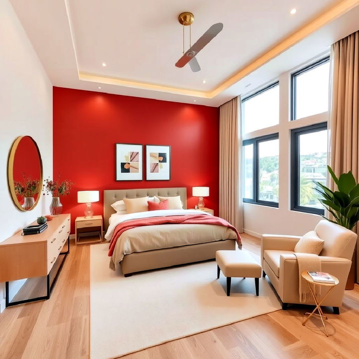 spicy red and light beige bedroom