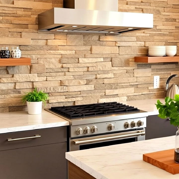 stacked stone backsplash for modern kitchen