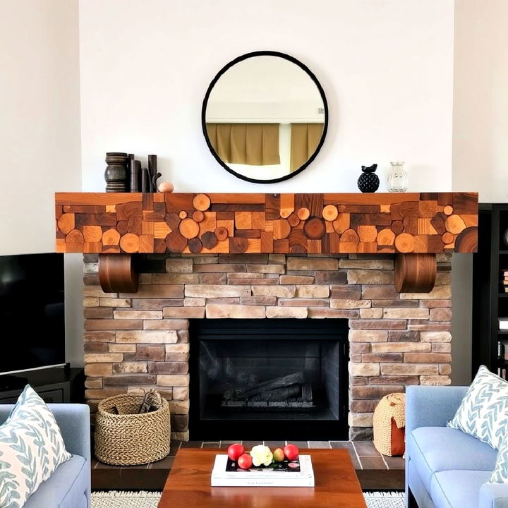 stacked wood mantel