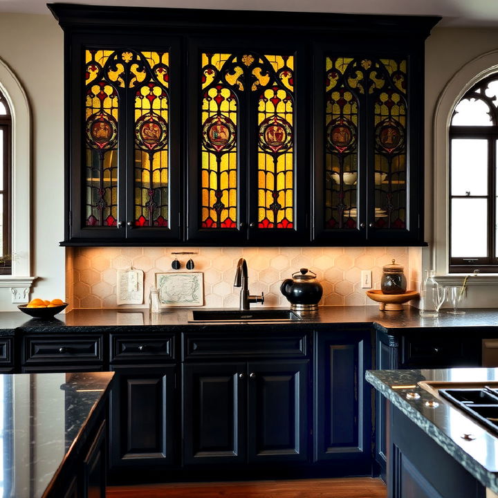 stained glass cabinet doors for gothic kitchen