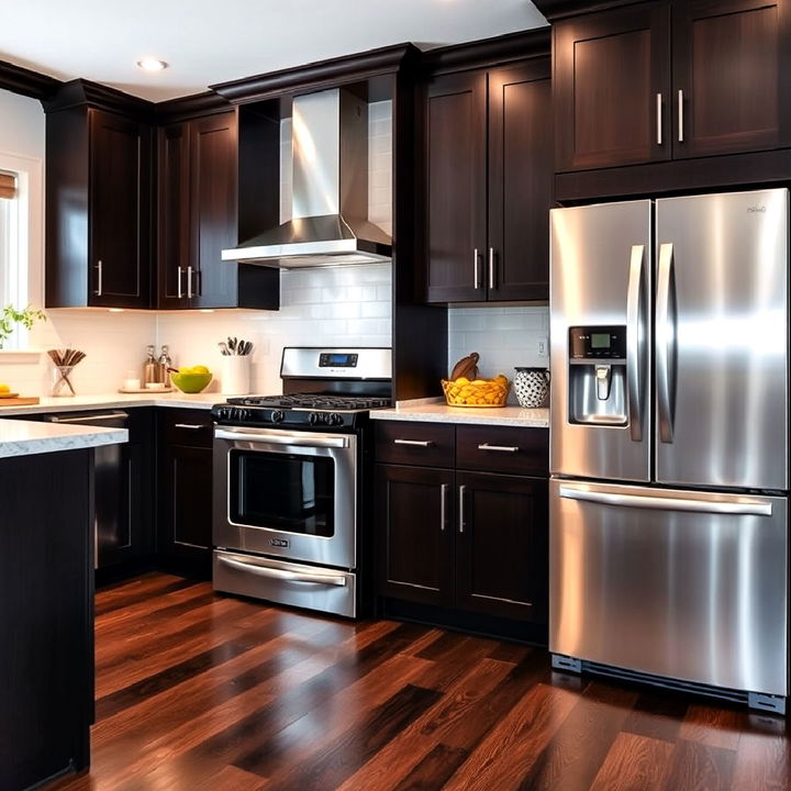 stainless steel appliances and dark wood flooring for kitchen