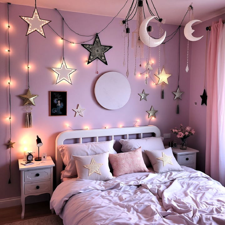 star and moon themed pastel goth bedroom