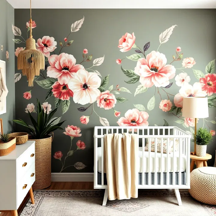 statement wallpaper with floral or tribal prints for boho nursery