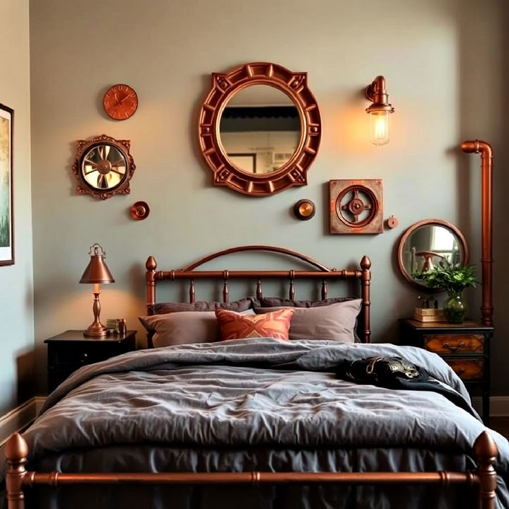 steampunk bedroom with copper accessories