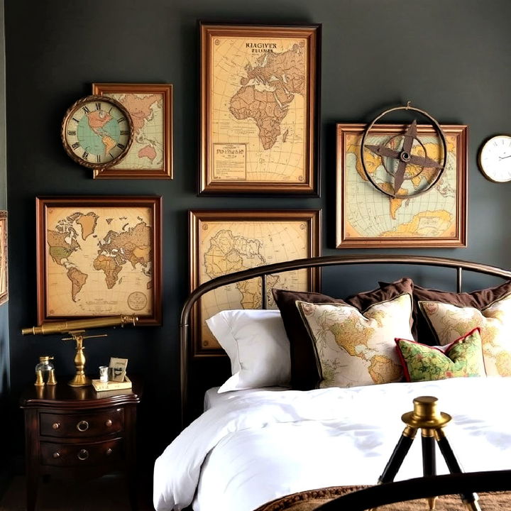 steampunk bedroom with vintage map decor