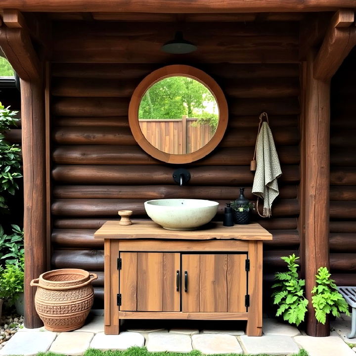 stone basin with a rustic wooden vanity